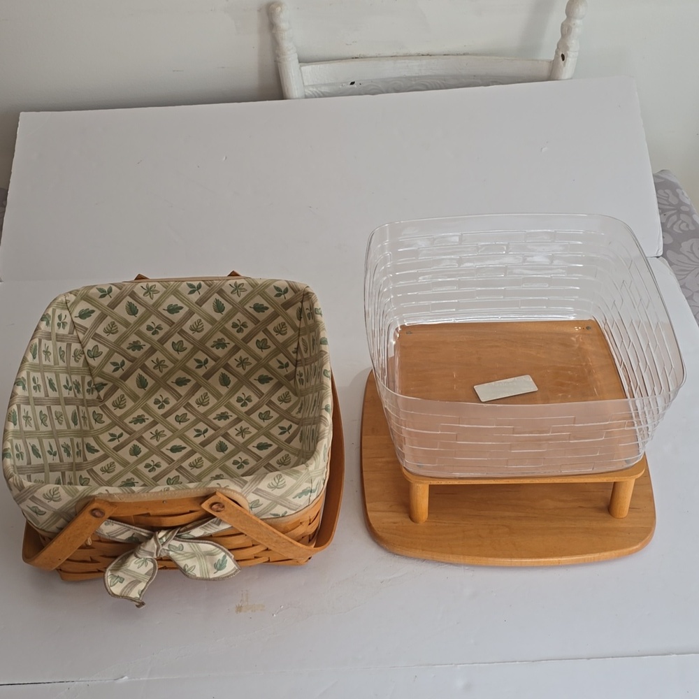 Longaberger Vintage Cake Pie Woven Basket Fabric Plastic Liner Wood Stand Cover - Picture 10 of 17